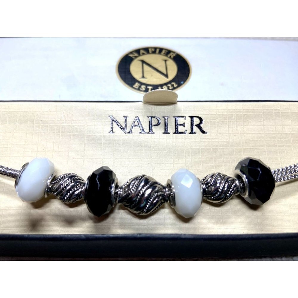 Napier Bracelet w Silver Rope Twist & Black &‎ White Glass Faceted Slides